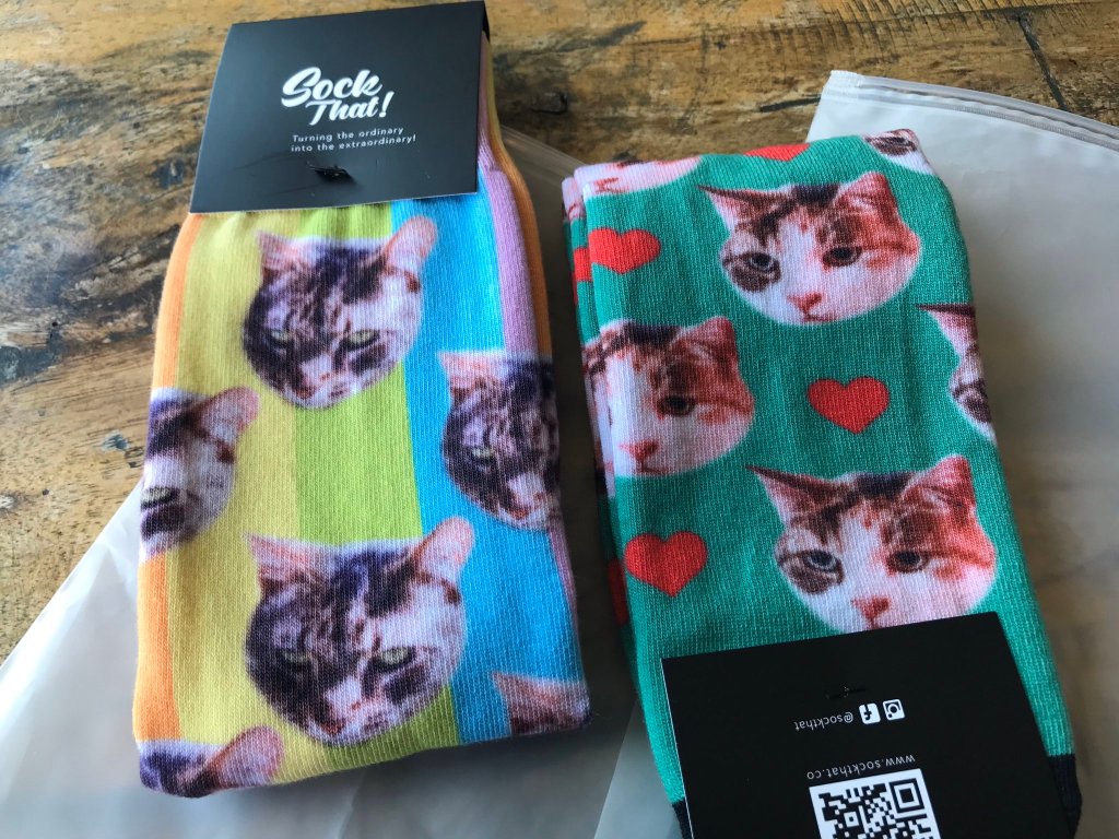 pictures of socks with seb and flo on them